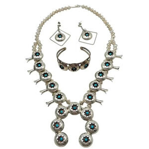 Southwestern Silver Snake Eyes Turquoise Squash Necklace Earrings Cuff Bracelet